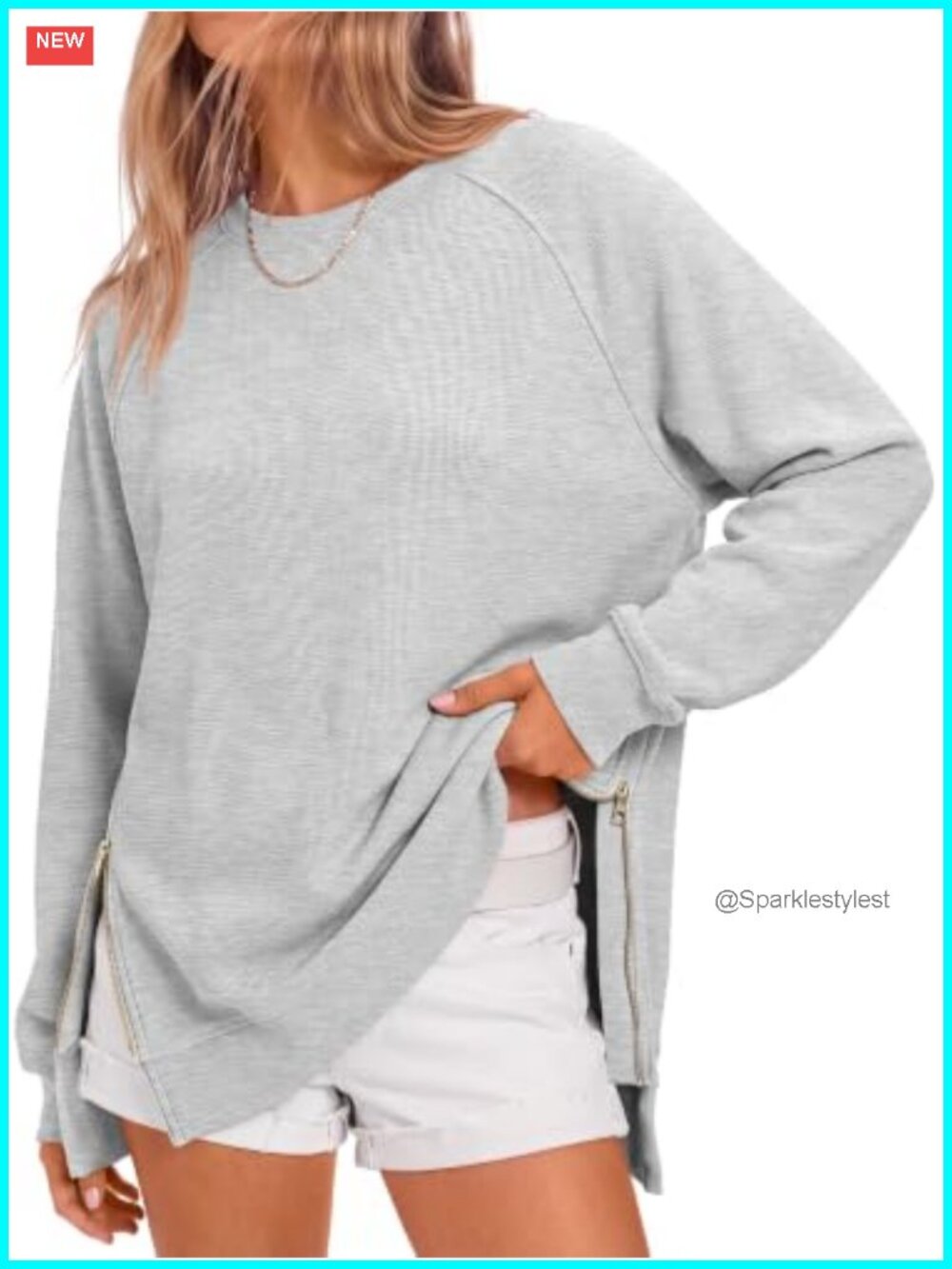 Oversized Crewneck Tunic Sweatshirt Side Zip Long Sleeve Relaxed Fit Casual